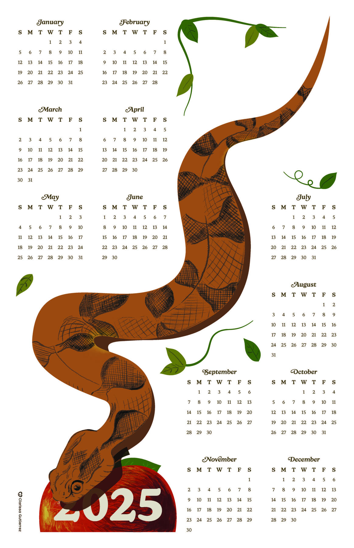 2025 Year of the Snake Calendar Layout Design Adobe InDesign, Illustrator, Procreate October 2024